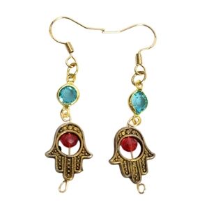 18K Goldplated Blue Faceted Zircon Hamsa Hand Red Faceted Bicone Earrings